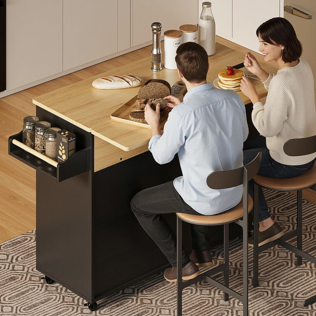 IRONCK Kitchen Island with Power Outlet & Drop Leaf, 47.2' Width Rolling Kitchen Island on Wheels with Storage, Mobile Kitchen Island Cart with Spice Rack, Open Shelves and Drawer, Black