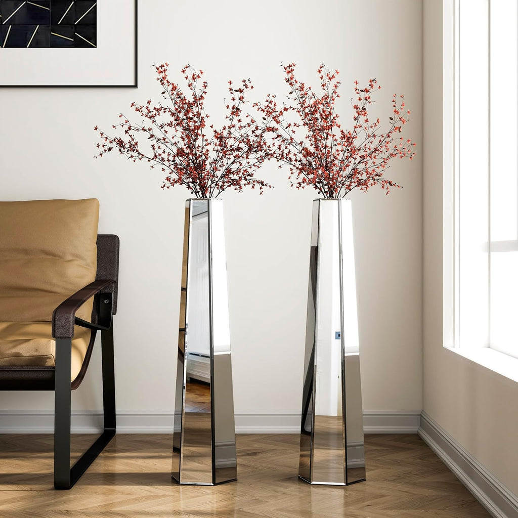 SHYFOY 30 inch Tall Mirror Floor Vase, Silver Large Vases for Decor Living Room Floor, Sophisticated Vessel for Decorative Branches and Dried Flowers (2 Pack)