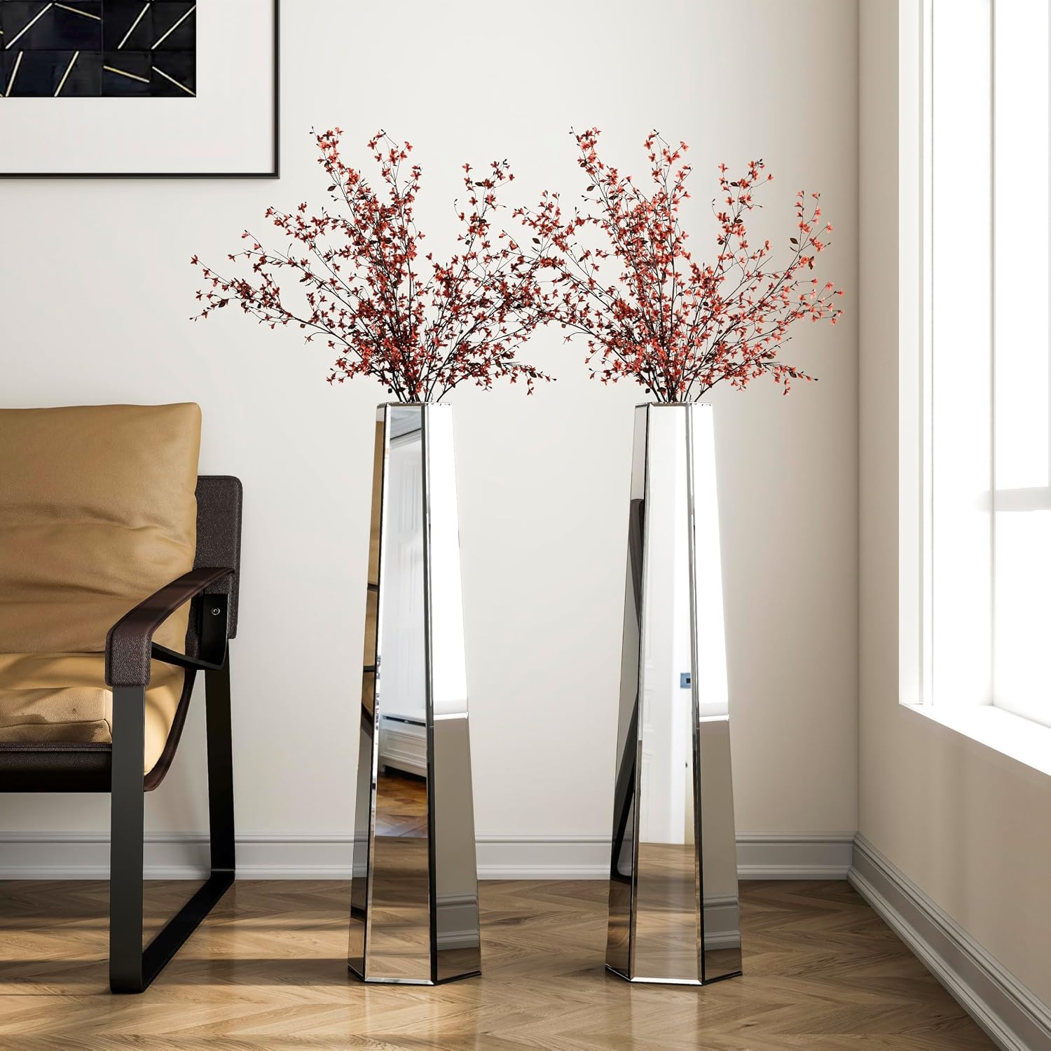 SHYFOY 30 inch Tall Mirror Floor Vase, Silver Large Vases for Decor Living Room Floor, Sophisticated Vessel for Decorative Branches and Dried Flowers (2 Pack)