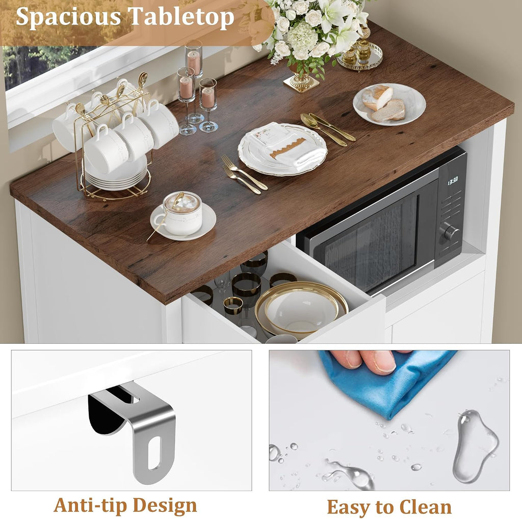 Senfot Kitchen Microwave Cabinet with Storage and Drawers, Modern Small Buffet Cabinet with Glass Doors and Adjustable Shelf, Wooden Sideboard with Wide Top for Dining Room, Living Room, White