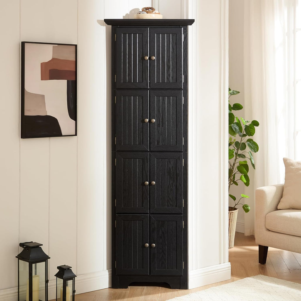 72' Corner Design Freestanding Storage Cabinet, Kitchen Storage Bakers Rack with Sleek Metal Handles, Utility Food Cupboard with 4-Tier Shelves for Kitchen, Bathroom, Living Room, Black