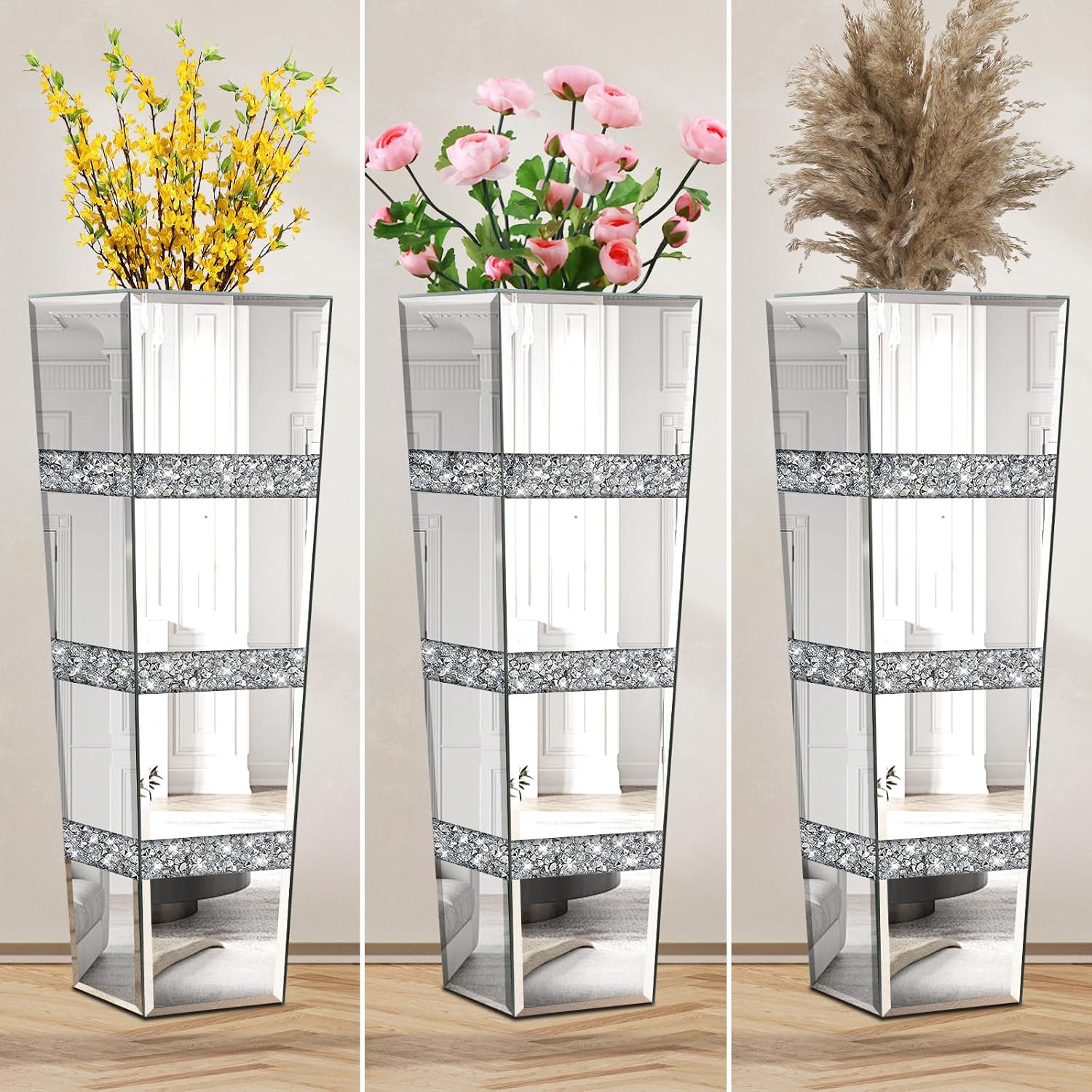 28' Tall Crushed Diamond Floor Vase, Silver Large Vases for Decor Living Room, Crystal Mirrored Home Decor Vases for Dried Flower