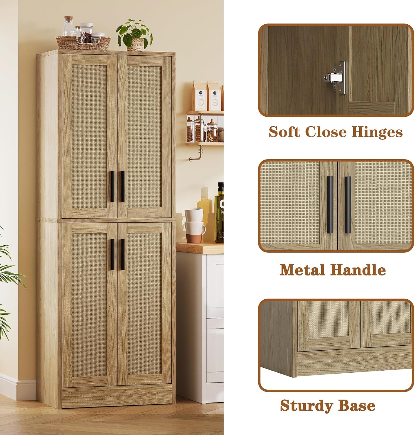 Pantry Cabinet - Tall Kitchen Pantry Storage Cabinet with 4 Rattan Doors and Adjustable Shelves, Wood Cupboard for Kitchen, Dining Room, Bathroom, Hallway, Laundry Room, Living Room