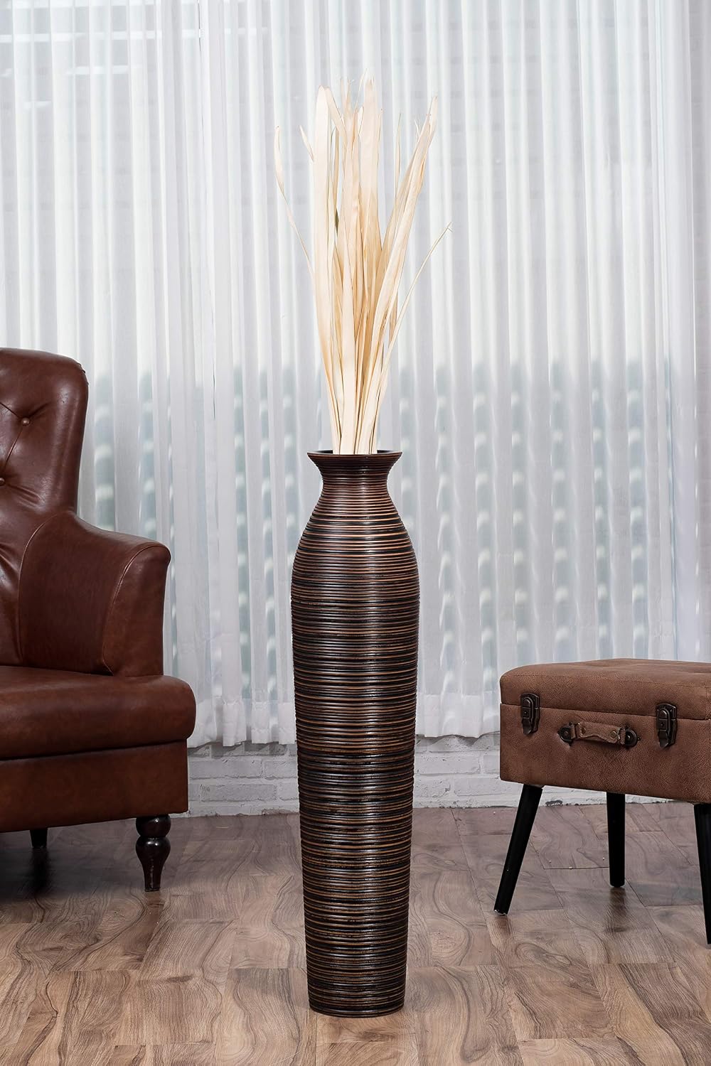 Leewadee Large Brown Home Decor Floor Vase - Wooden 34 inch Tall Farmhouse Decor Flower Holder for Fake Plant and Pampas Grass