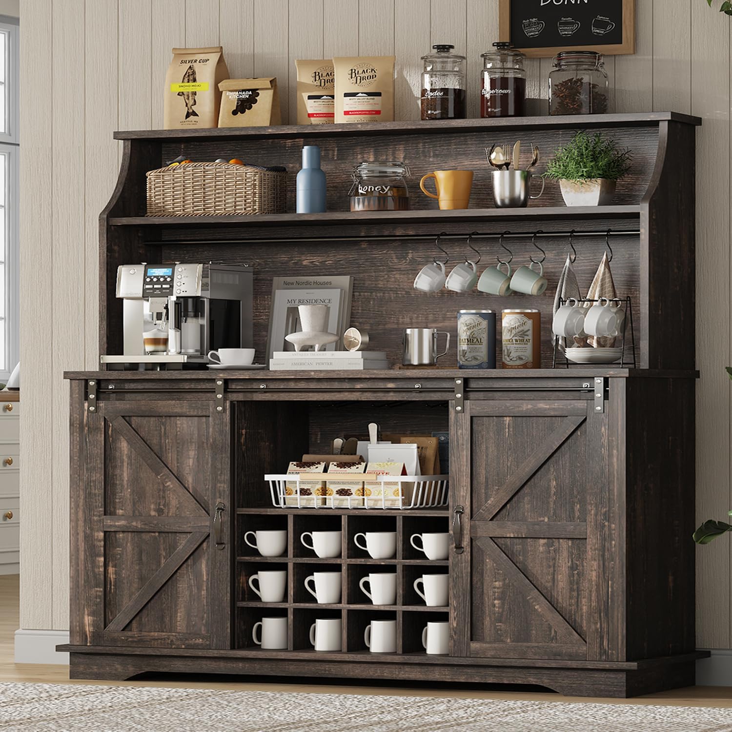 55 Inch Farmhouse Coffee Bar Cabinet with 3-Tier Enclosed Storage Cabinet, Kitchen Hutch with 12 Wine Racks & 3 Glass Holders, Coffee Bar with 6 Hooks, Wood Furniture for Dining Living Room, Oak
