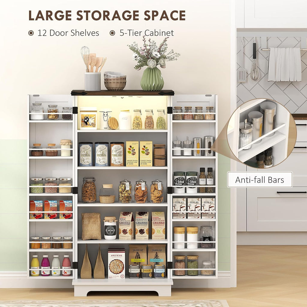 HOMCOM 47' LED Kitchen Pantry Cabinet, Farmhouse Storage Cabinet with 5 Deep Shelves and 12 Door Shelves, Freestanding Food Pantry with Barn Door, White