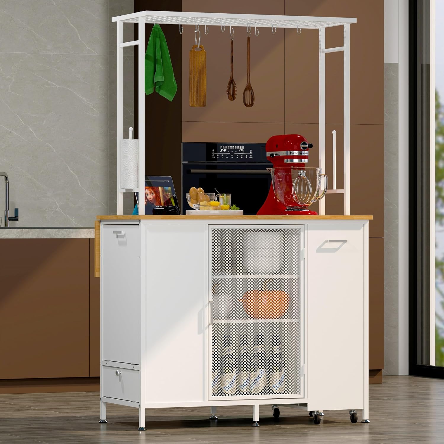 Kitchen Island with Drop Leaf, Trash Can Storage, Large Coffee Bar Table with Bakers Rack and Hooks, 3-Tier Rolling Cart and Shelves, White
