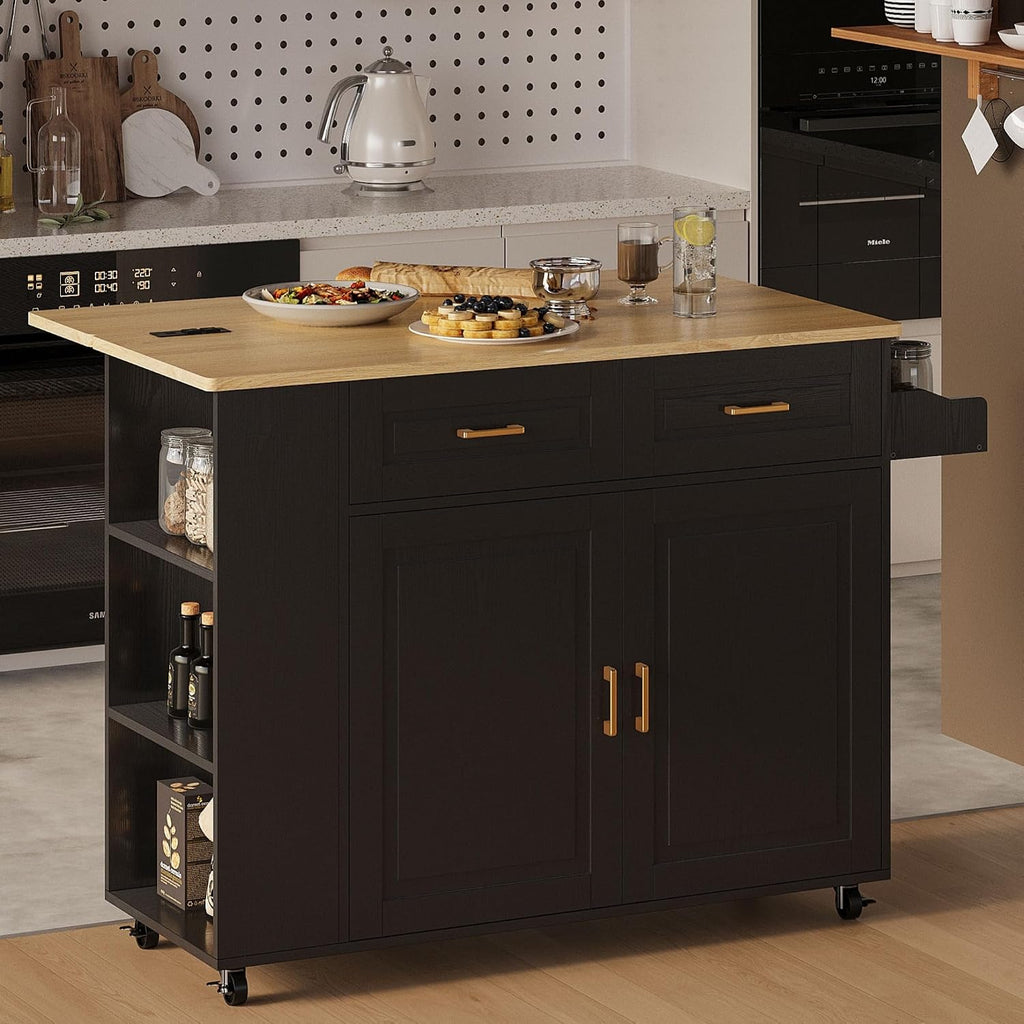 IRONCK Kitchen Island with Power Outlet & Drop Leaf, 47.2' Width Rolling Kitchen Island on Wheels with Storage, Mobile Kitchen Island Cart with Spice Rack, Open Shelves and Drawer, Black