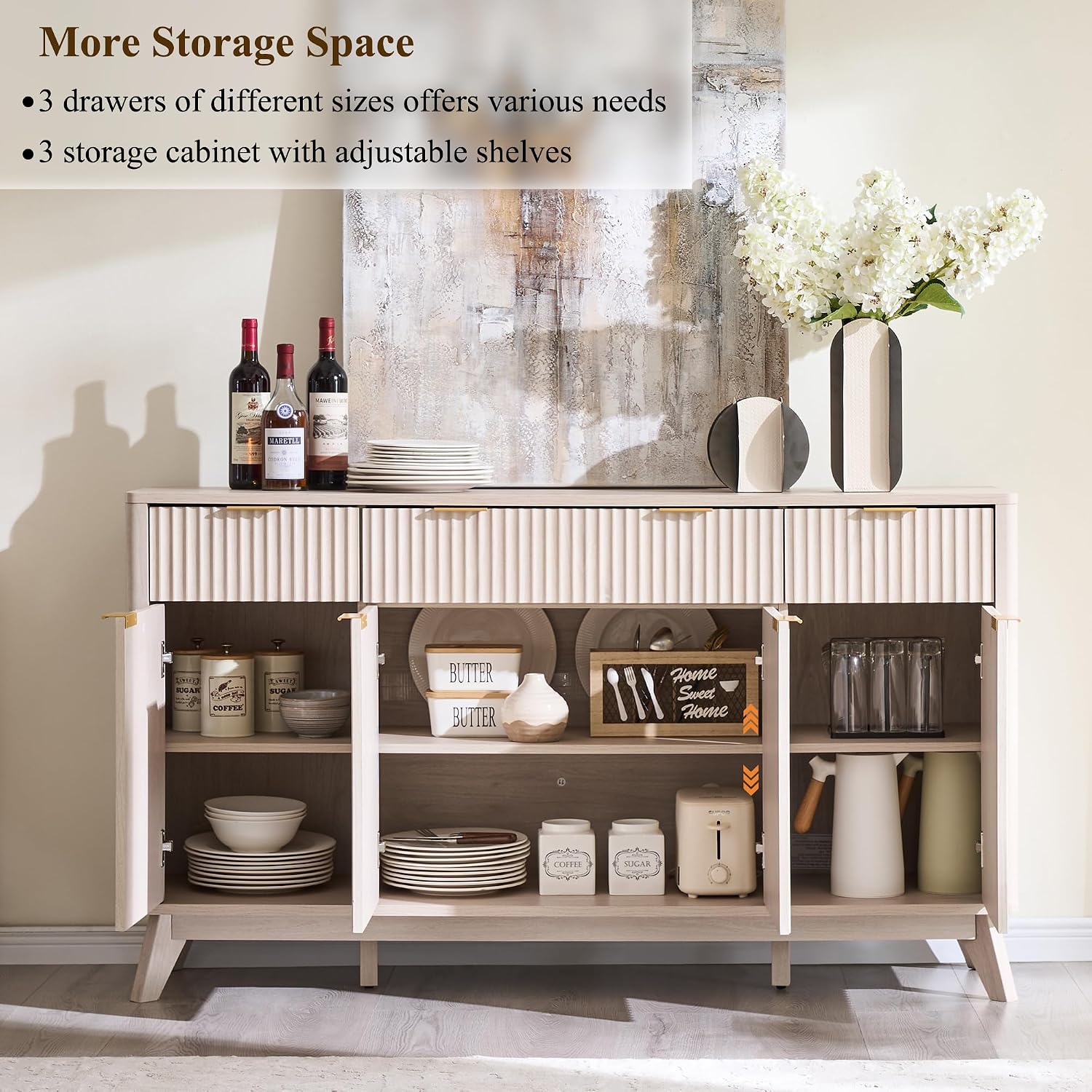 OKD Fluted Storage Cabinet with Drawers, 60' Morden Buffet Sideboard Coffee Bar Cabinet with 4 Doors and 3 Drawers for Dining Room, Living Room,Hallway (White Alder)