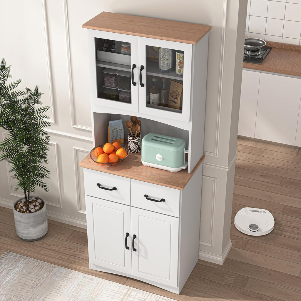 Kitchen Buffet with Hutch, Freestanding Pantry Cabinet Kitchen Cupboard Bar Cabinet with 4 Doors, 2 Drawers & Open Shelf, 2 Storage Cabinets with Adjustable Shelves, White