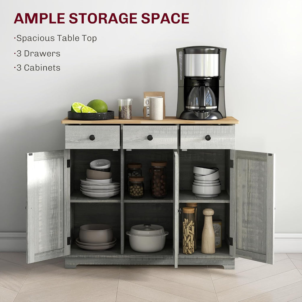 40' Solid Wood Top Freestanding Storage Cabinet, Kitchen Storage Bakers Rack with Drawers, Utility Food Cupboard with Adjustable Shelf for Dining Room Entryway, Light Gray
