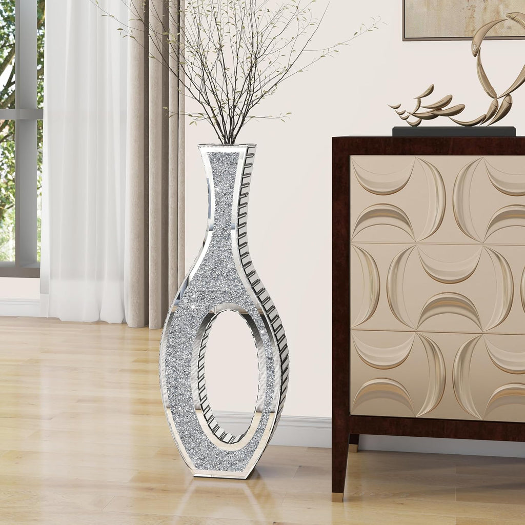 SHYFOY Floor Vase Crushed Diamond Mirrored Vase 30' Tall, Large Silver Tall Vases for Floor Crystal Hollow Decorative Glass Vases for Luxury Home Decor Living Room Office Bedroom Kitchen