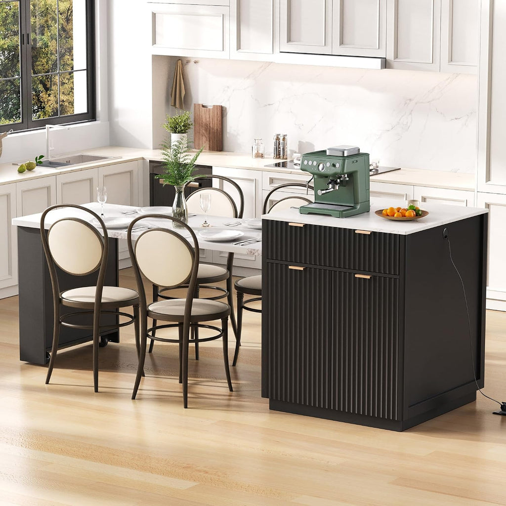 55'-82.6' Black Fluted Extendable Kitchen Island with White Faux Marble Top, Double Side Storage, 2 Drawers, Power Outlet & Spice Rack, Modern Expandable Island Table for Kitchen Dining Room Home Bar