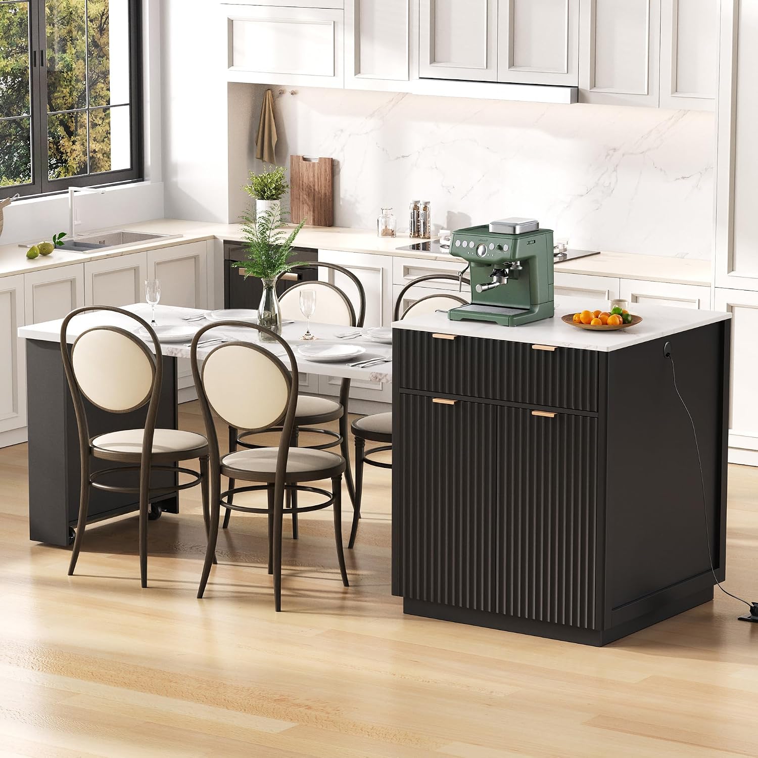 55'-82.6' Black Fluted Extendable Kitchen Island with White Faux Marble Top, Double Side Storage, 2 Drawers, Power Outlet & Spice Rack, Modern Expandable Island Table for Kitchen Dining Room Home Bar