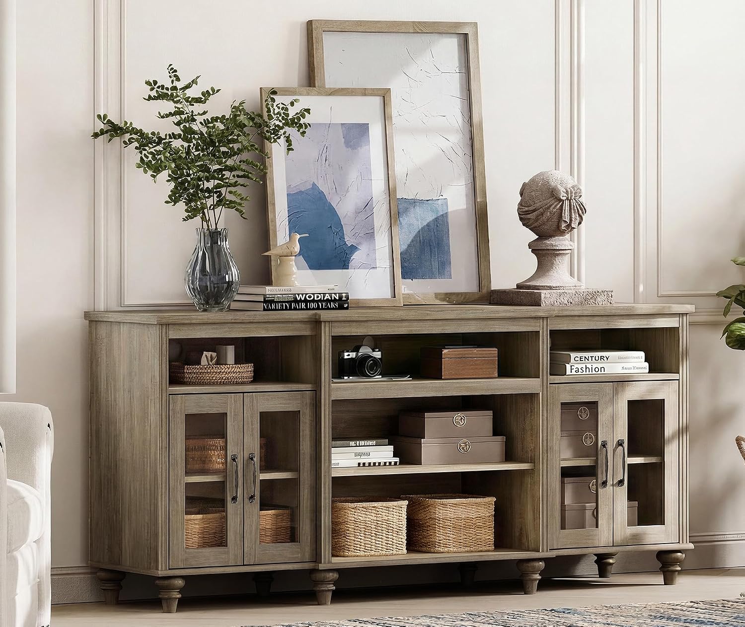 WAMAPT Buffet Cabinet with 4 Glass Doors, Large Coffee Bar Tables Wood Kitchen Storage Cabinets with 9 Storages, Modern Farmhouse Sideboard Credenza, Wash Gray, 70 inch