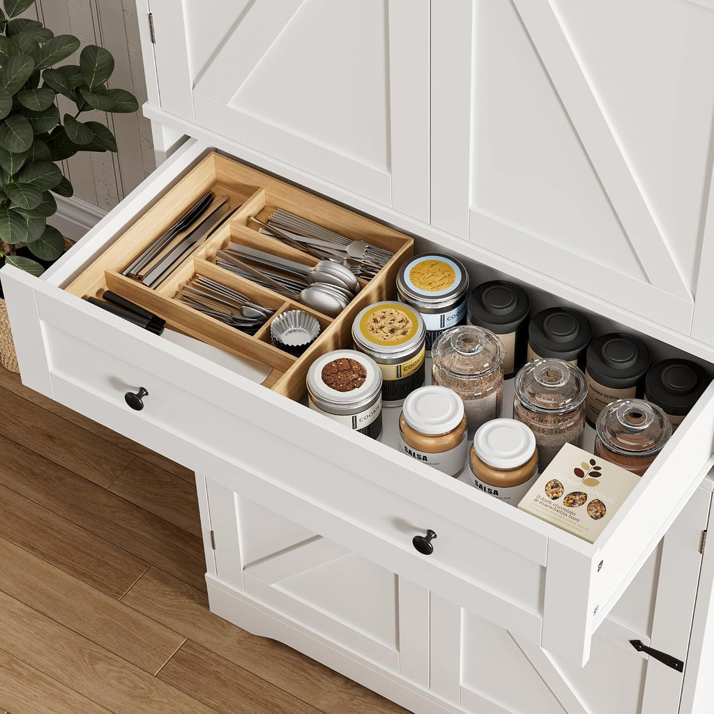 HOSTACK 71' Tall Pantry Cabinet, Farmhouse Kitchen Pantry with Storage Shelves, Barn Doors Food Storage Cabinet, Freestanding Kitchen Hutch with Large Drawer for Living Room, White + Rustic Brown