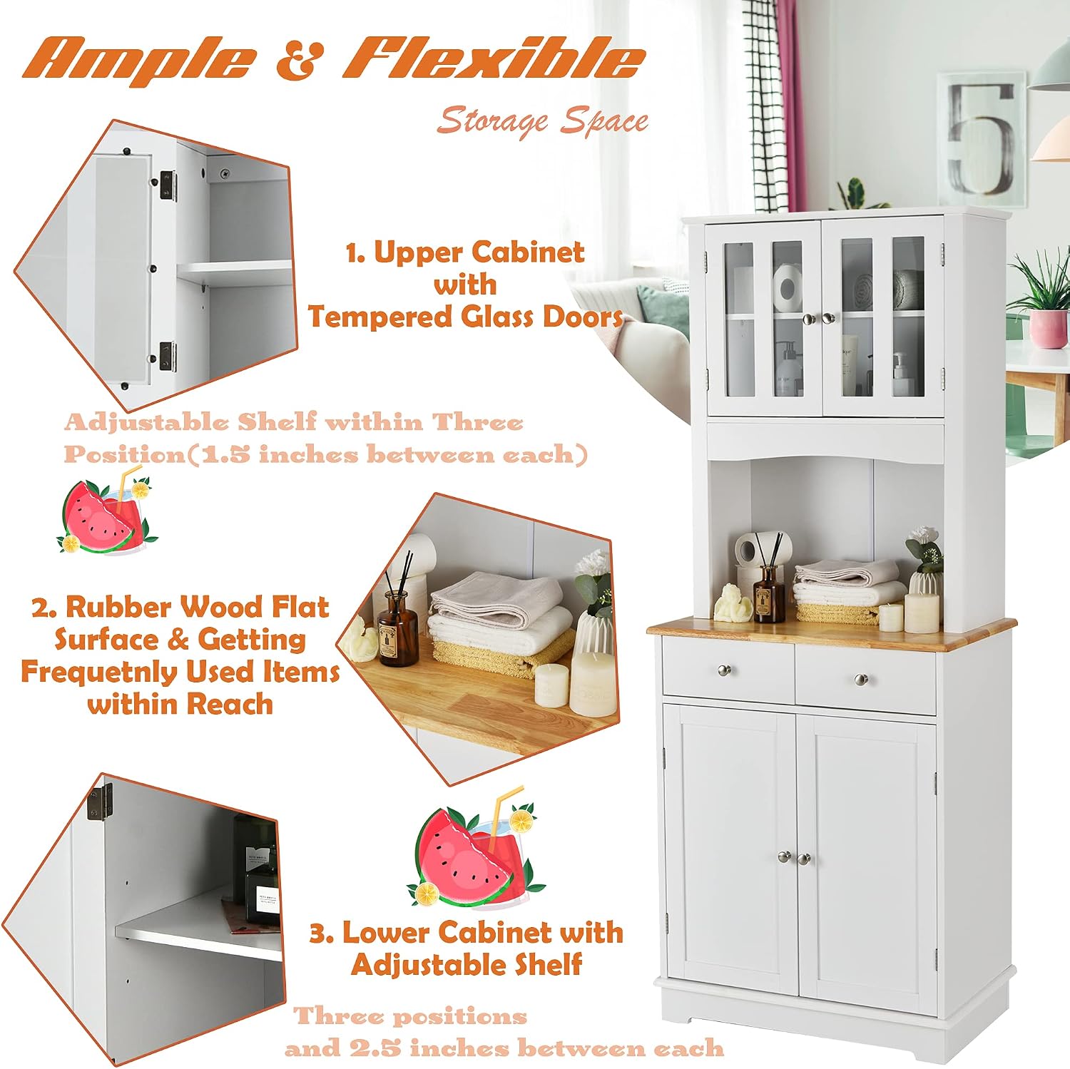 LOKO Kitchen Hutch Cabinet, Kitchen Cabinet with Framed Tempered Glass Doors, Flat Countertop and 2 Drawers, Kitchen Pantry Storage Cabinet with Adjustable Shelves, 27 x 16 x 67 inches (White)