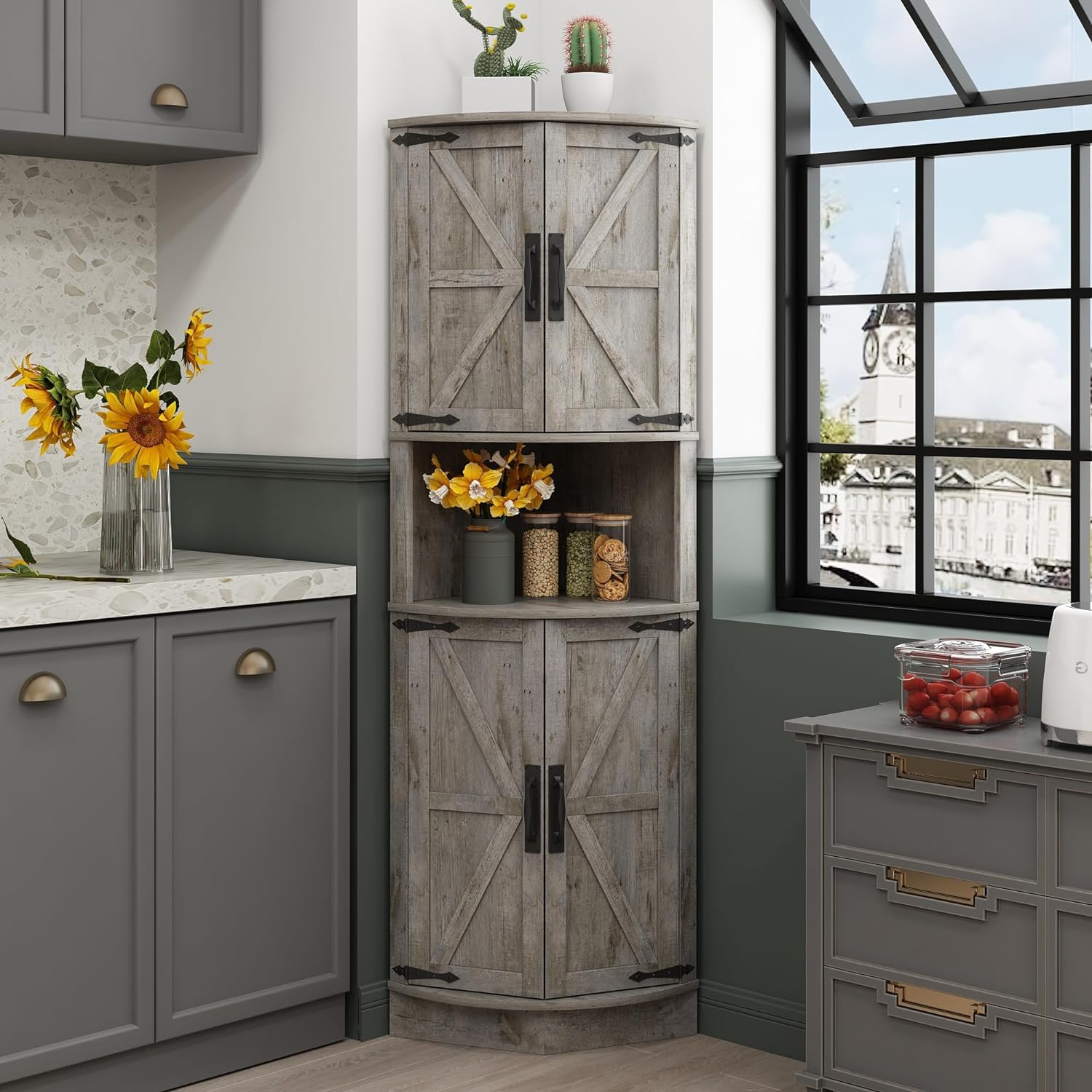 Vabches 64.8' Tall Farmhouse Corner Cabinet with 4 Doors and 5 Storage Shelves, Farmhouse Storage Cabinet with Barn Door Design, Home Space Saver for Living Room, Kitchen, Laundry Room,Grey
