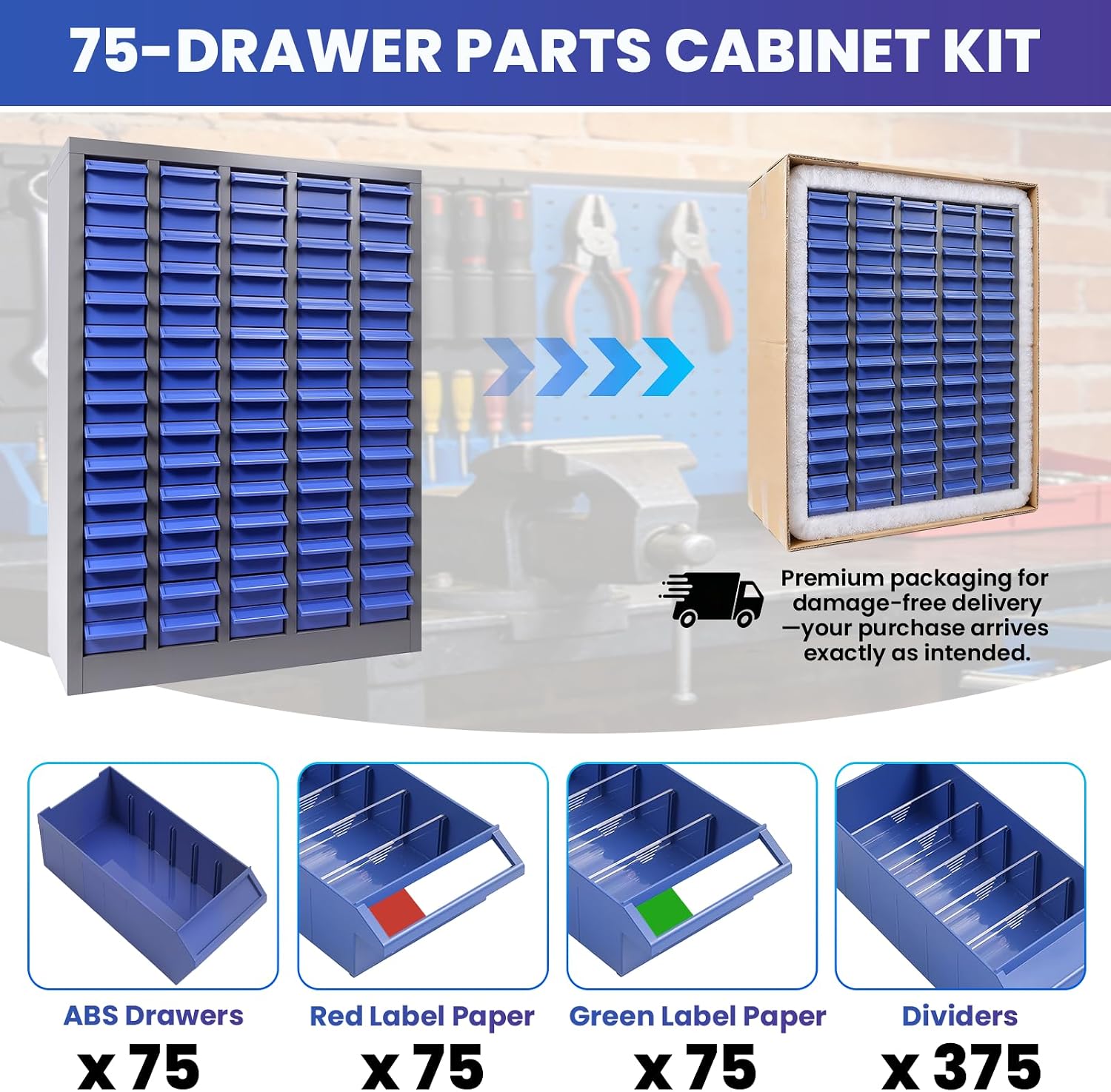 75 Drawer Nut and Bolt Storage Organizer, Parts Cabinet Organizer with Anti-Drop Design, Stainless Steel Bolt Bin Cabinet with ABS Drawers, Tool Cabinet for Office Supplies, Hardware Storage