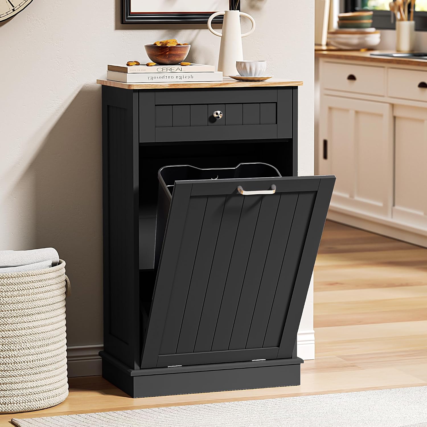 13 Gallons Tilt Out Trash Cabinet Freestanding Kitchen Hidden Trash Bin Cabinet with Hideaway Drawer Pet Proof Trash Can Holder for Kitchen Living Room, Black