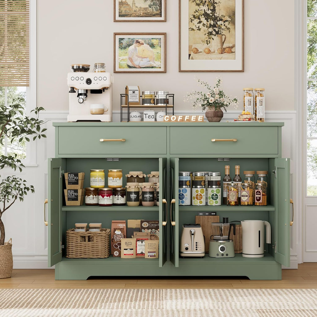 HOSTACK Buffet Cabinet with Storage, 47.2' Kitchen Sideboard Buffet with Drawers, Modern Farmhouse Coffee Bar Station with Shelves, Barn Doors Storage Cabinet for Living Room, Green