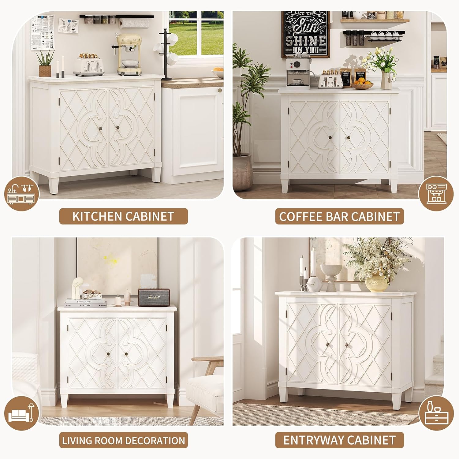40' Coffee Bar Cabinet with Shelf, Craft Storage Cabinet with Doors, Wood Cabinet, Charming Carved Motif, Entry Way Cabinet with Storage, Sideboard Buffet for Living Room, Kitchen, Distressed White