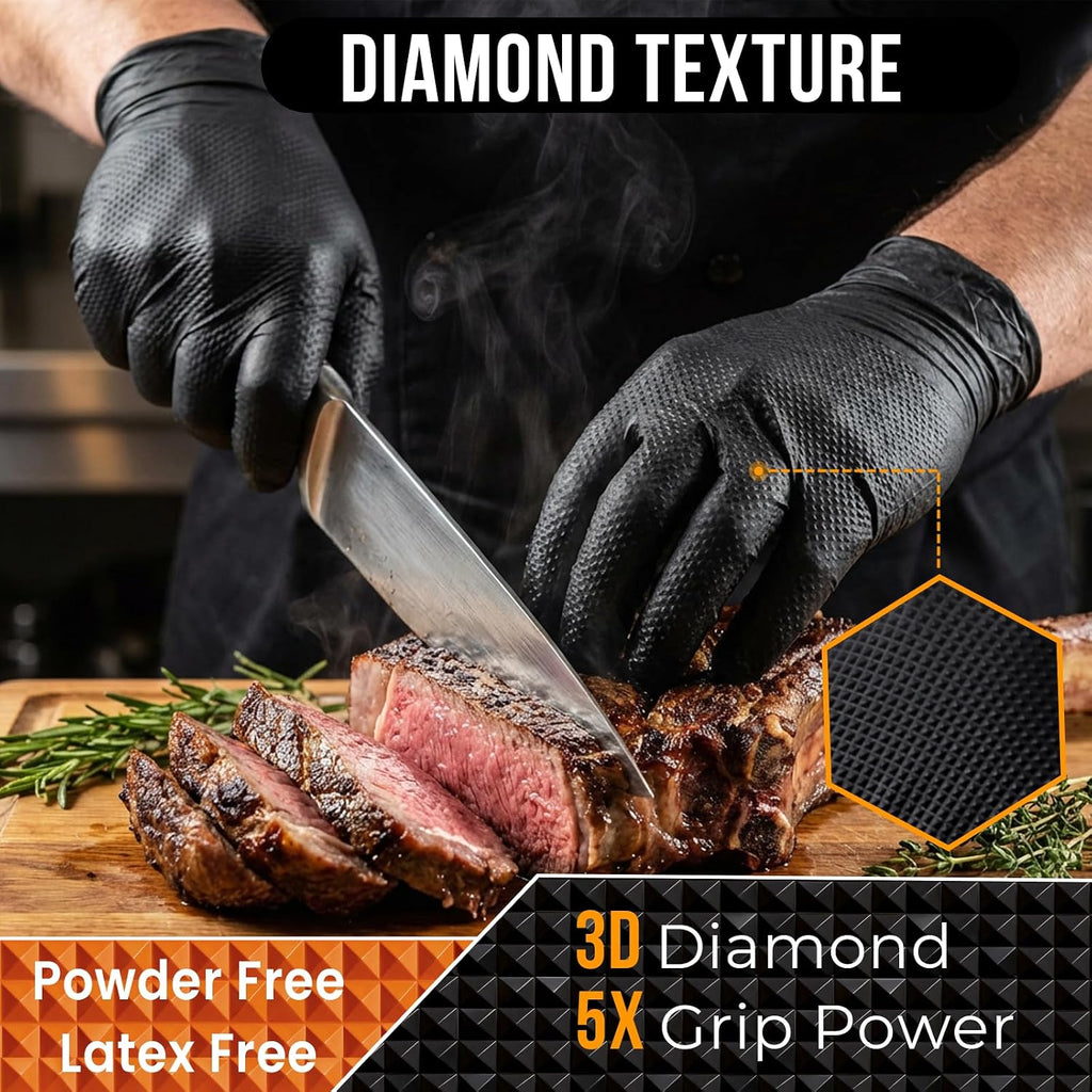 ANBOSON 10 Mil Nitrile Disposable Gloves Heavy Duty Mechanic Gloves Raised Diamond Texture Thick (Black of 1000, Medium)