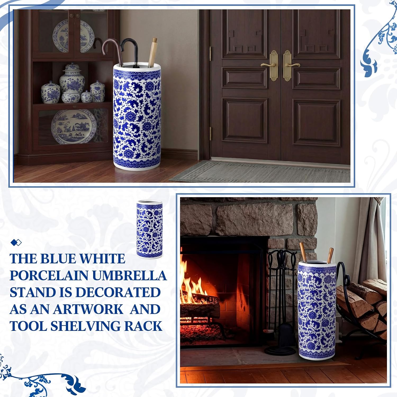 Sawysine Blue and White Ceramic Umbrella Stand, Floral Design Floor Vase for Entryway Indoor Decorative, 19.7' Heavy Porcelain Holder for Umbrellas Canes Home Decor(19.7 Inch,Lotus in Vine)