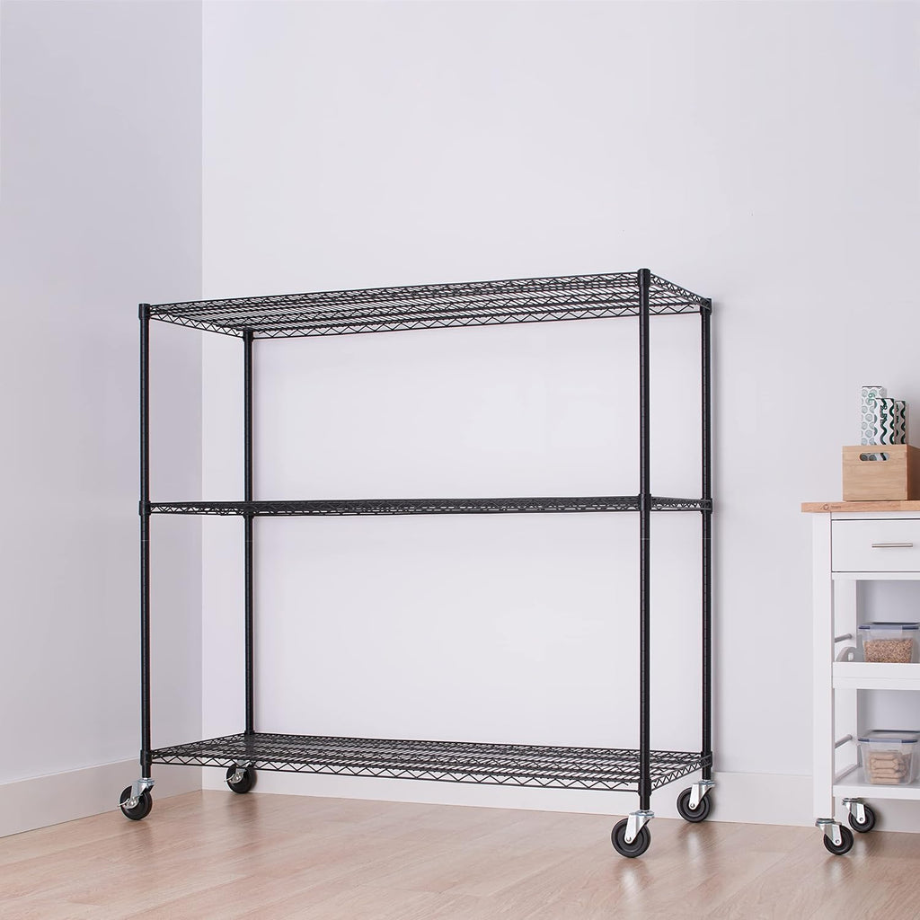 Trinity Basics 3-Tier Adjustable Wire Shelving with Wheels for Kitchen Organization, Garage Storage, Laundry Room, NSF Certified, 600 to 1350 Pound Capacity, 60' by 24' by 54', Black