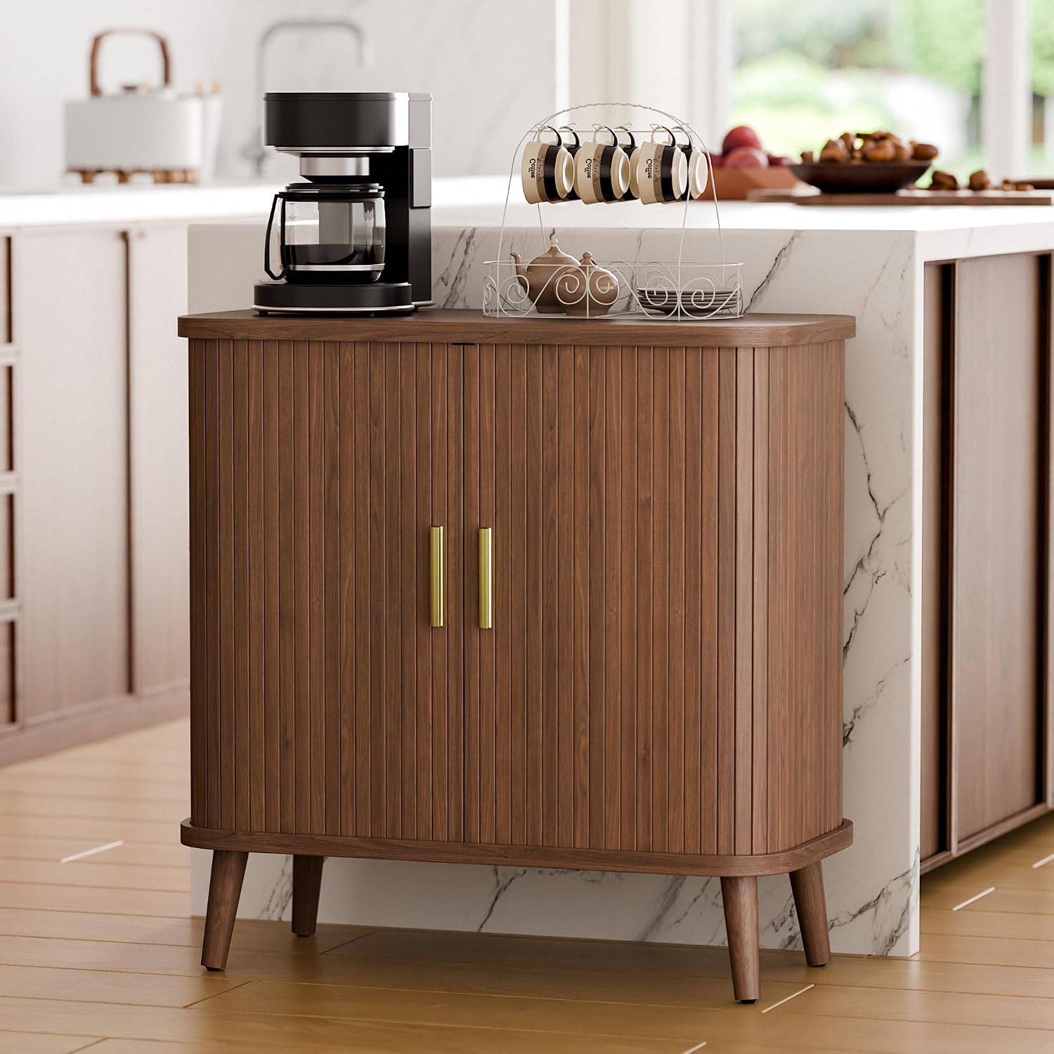 Lulive Walnut Buffet Cabinet, Sideboard Buffet Storage Cabinet with Rolling & Sliding Doors, Modern Bar Cabinet for Kitchen & Dining Room