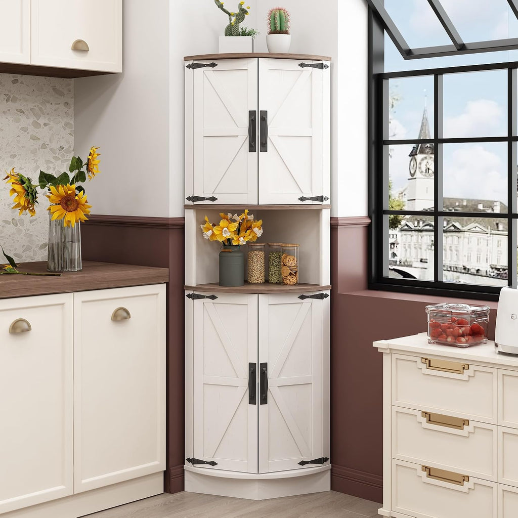 Vabches 64.8' Tall Farmhouse Corner Cabinet with 4 Doors and 5 Storage Shelves, Farmhouse Storage Cabinet with Barn Door Design, Home Space Saver for Living Room, Kitchen, Laundry Room,White