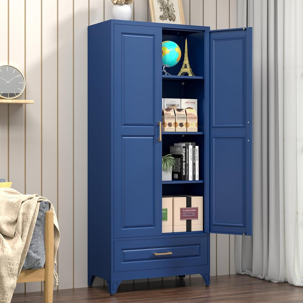 Polup Metal Storage Cabinet,75' Tall Kitchen Pantry Storage Cabinet with Doors and Adjustable Shelves, Blue Metal Pantry Cabinets with Drawer, Large Cupboard for Kitchen, Dining Living Room