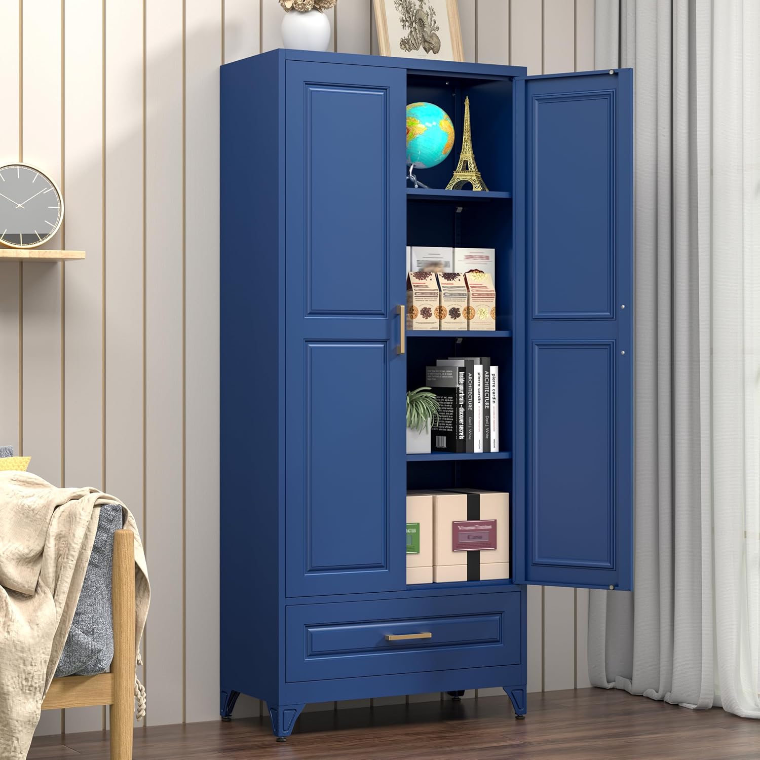 Polup Metal Storage Cabinet,75' Tall Kitchen Pantry Storage Cabinet with Doors and Adjustable Shelves, Blue Metal Pantry Cabinets with Drawer, Large Cupboard for Kitchen, Dining Living Room