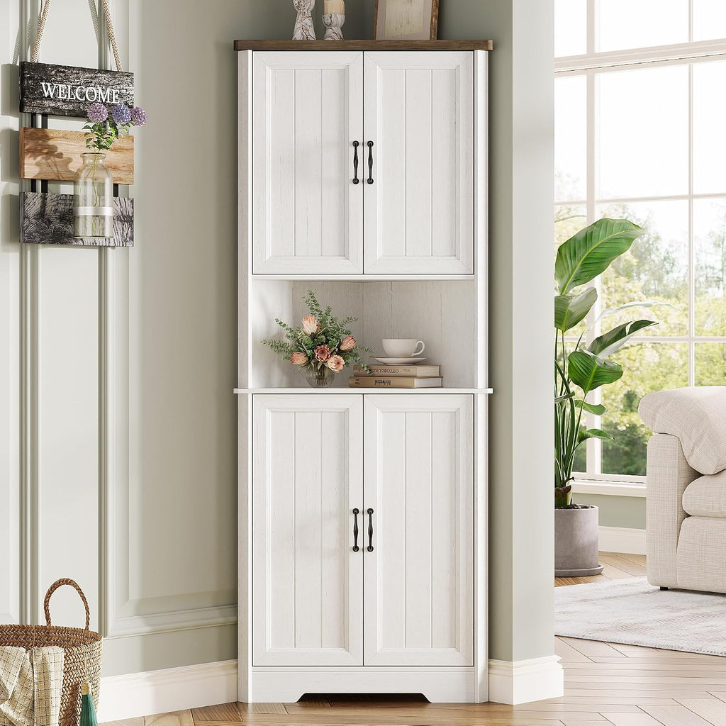 Vabches Tall Corner Cabinet, Corner Bathroom Cabinet, 67' Farmhouse Storage Cabinet with 4 Doors and Adjustable Shelves, Home Space Saver for Bathroom, Kitchen, Living Room, Pantry, Distressed White
