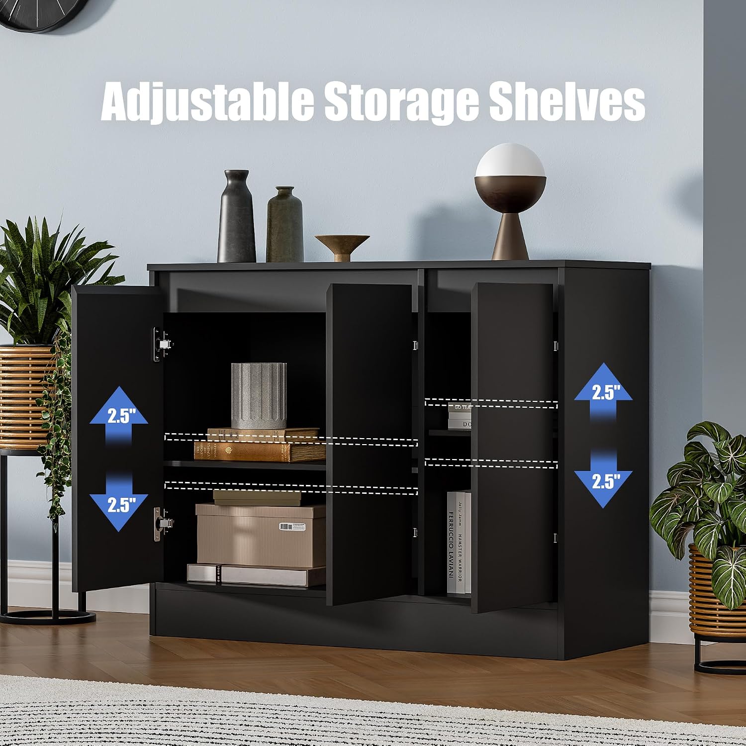 Housoul Buffet Cabinet with Storage, Coffee Bar Cabinet with 3 Doors and Adjustable Shelf, Modern Kitchen Buffet Sideboard for Living Room, Kitchen, Black