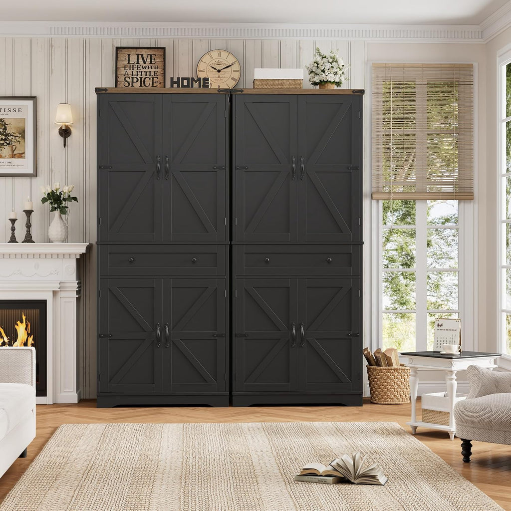 HOSTACK 71' Tall Pantry Cabinet, Farmhouse Kitchen Pantry with Storage Shelves, Barn Doors Food Storage Cabinet, Freestanding Kitchen Hutch with Large Drawer for Dining Room, Living Room, Black