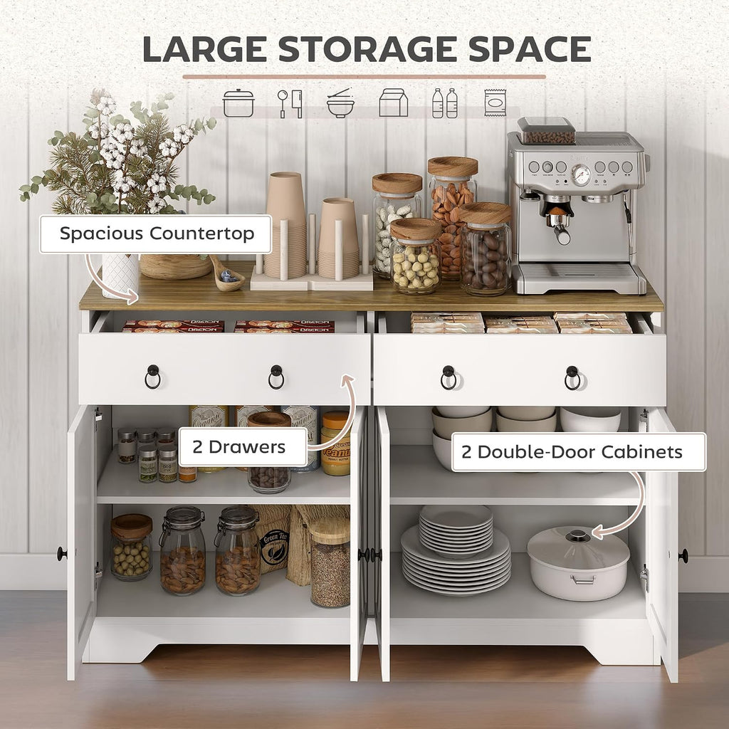 HOMCOM 48' Sideboard Buffet with Storage, Kitchen Storage Cabinet with 2 Drawers and 4 Barn Doors, Farmhouse Coffee Bar Cabinet with Adjustable Shelves, White