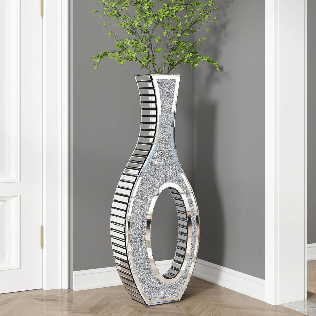 SHYFOY Floor Vase Crushed Diamond Mirrored Vase 30' Tall, Large Silver Tall Vases for Floor Crystal Hollow Decorative Glass Vases for Luxury Home Decor Living Room Office Bedroom Kitchen