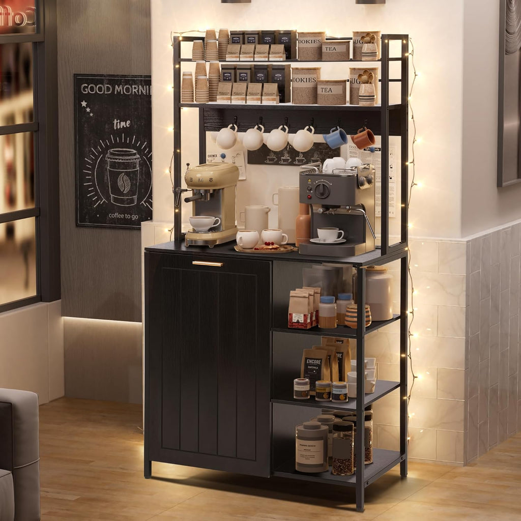 Kitchen Bakers Rack with Storage Shelf - 6-Tier Microwave Stand Oven Cabinet W/Tilting Trash Can Bin and Power Outlet, Farmhouse Thickened Coffee Bar Table Station W/6 Hooks&Adjustable feet