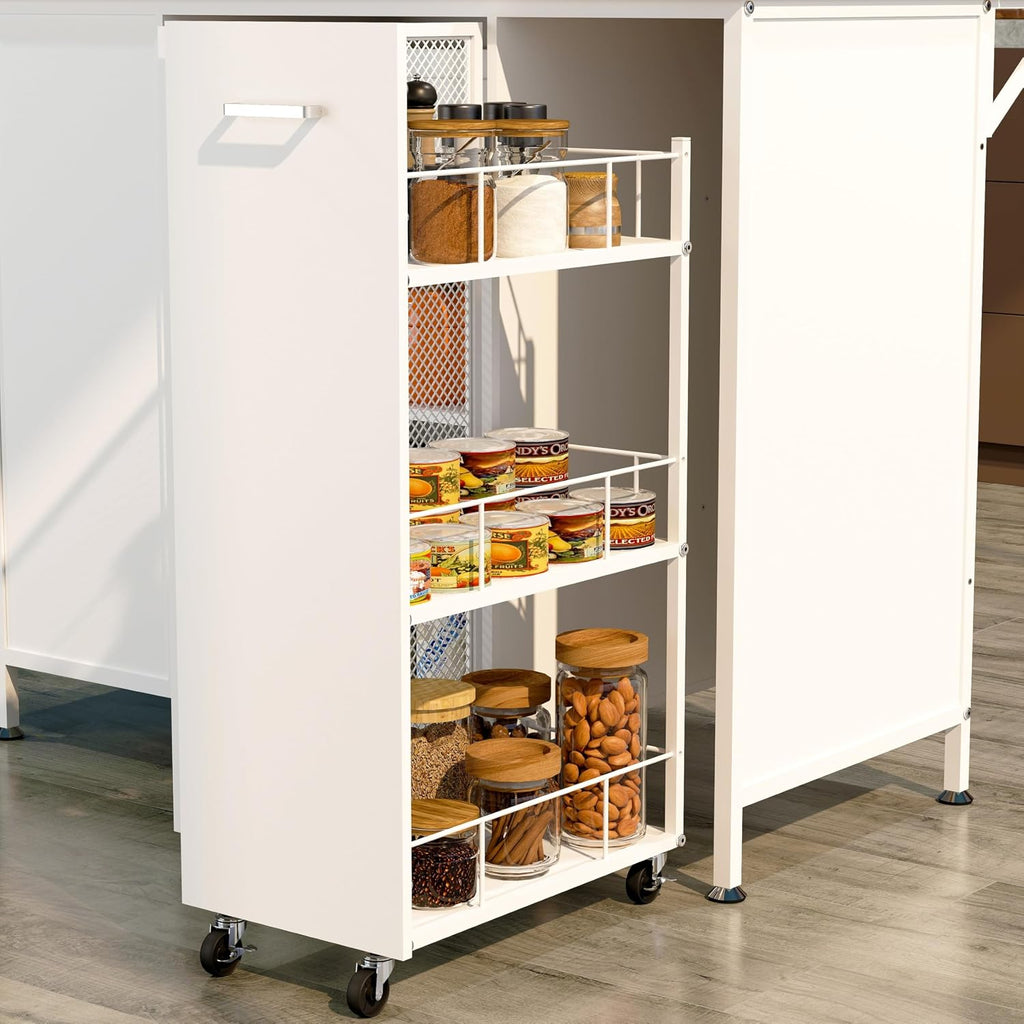 Kitchen Island with Drop Leaf, Trash Can Storage, Large Coffee Bar Table with Bakers Rack and Hooks, 3-Tier Rolling Cart and Shelves, White