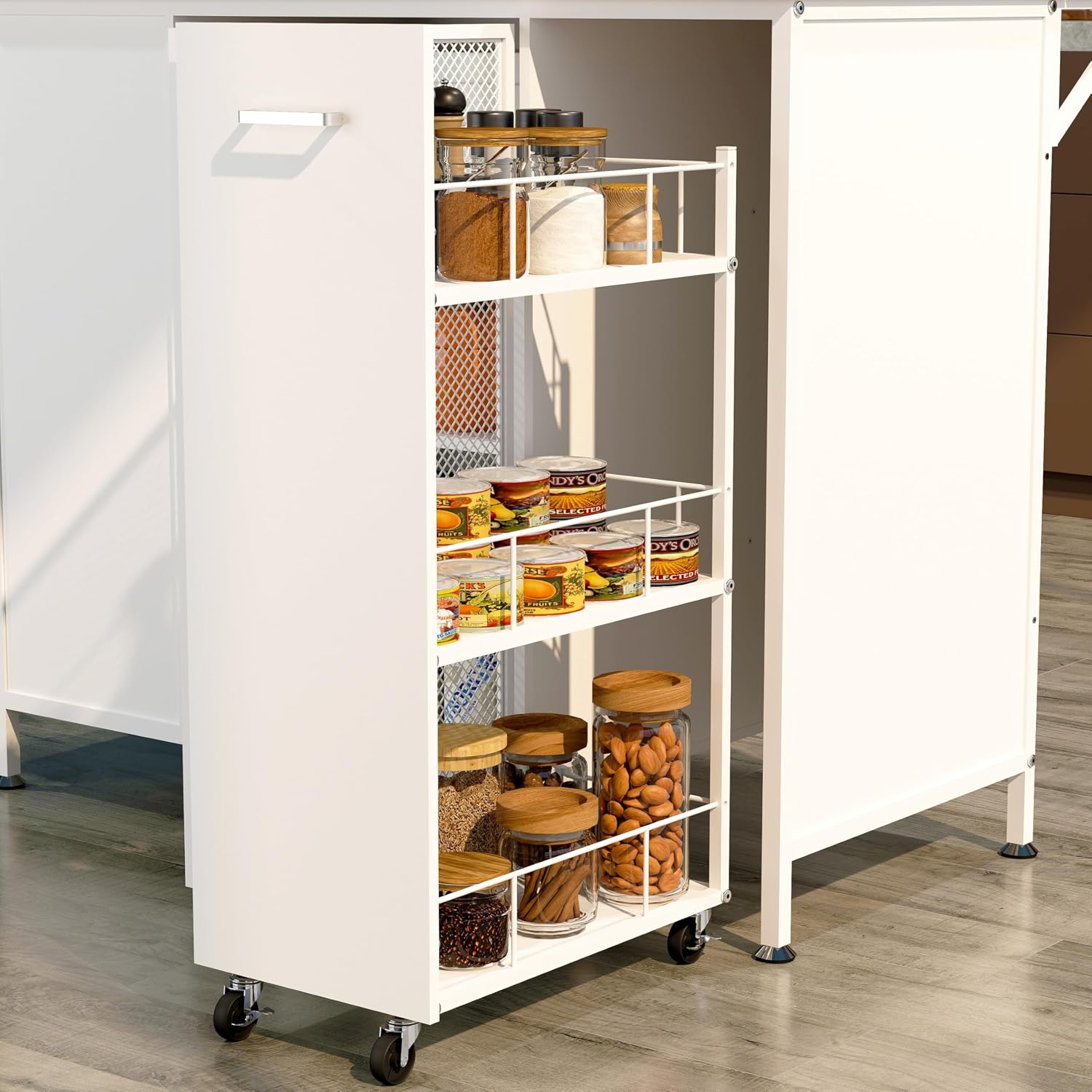 Kitchen Island with Drop Leaf, Trash Can Storage, Large Coffee Bar Table with Bakers Rack and Hooks, 3-Tier Rolling Cart and Shelves, White
