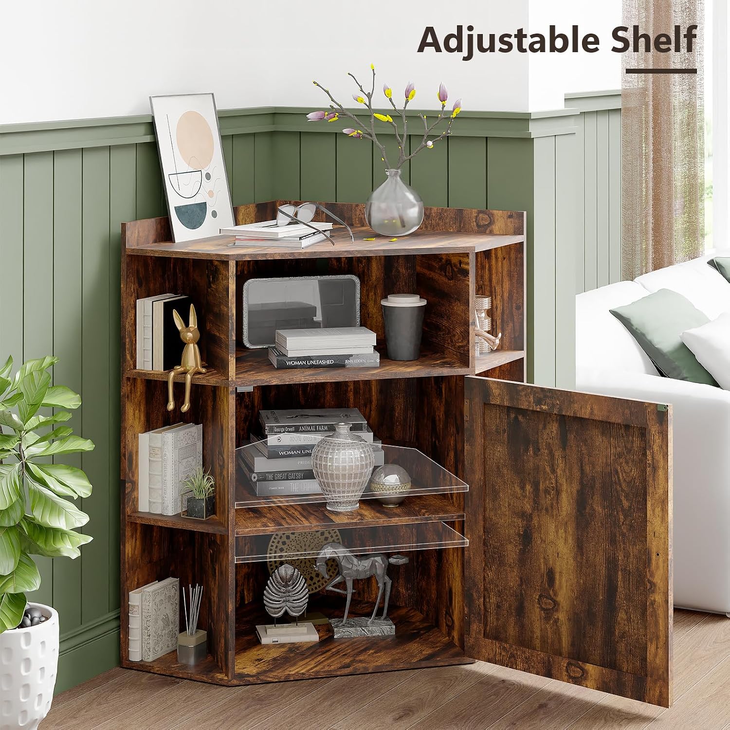 Vabches Corner Cabinet, Corner Storage Shelf with USB Ports and Outlets Industrial Organizer for Small Space Wooden 6-Cubby Bookshelf for Study, Playroom, Living Room (Amber Pine)