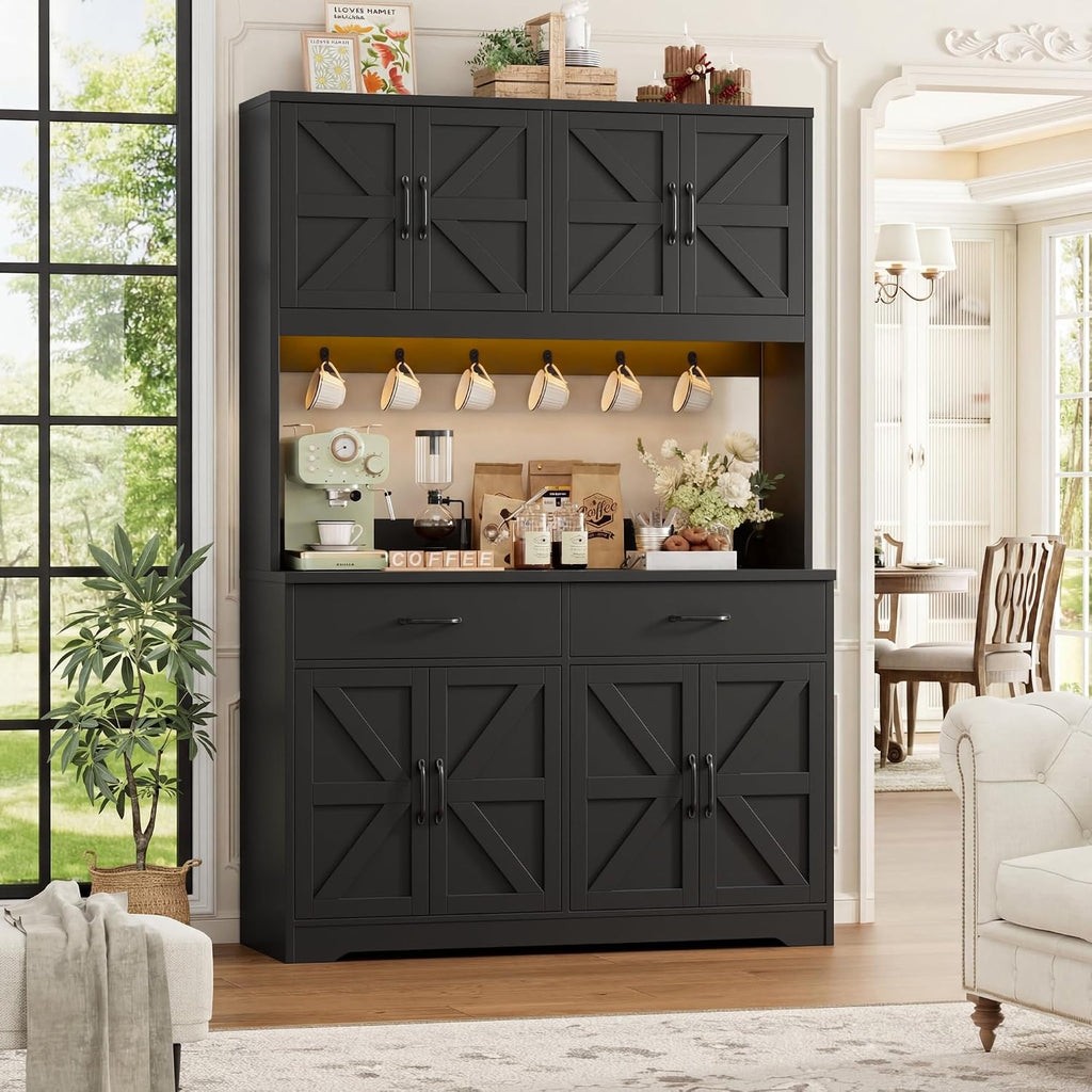HIFIT 71' Tall Kitchen Pantry Cabinet with RGB LED and Charging Station, Farmhouse Coffee Bar Cabinet with Large Countertop and 6 Hooks, Kitchen Hutch Storage Cabinet, Black