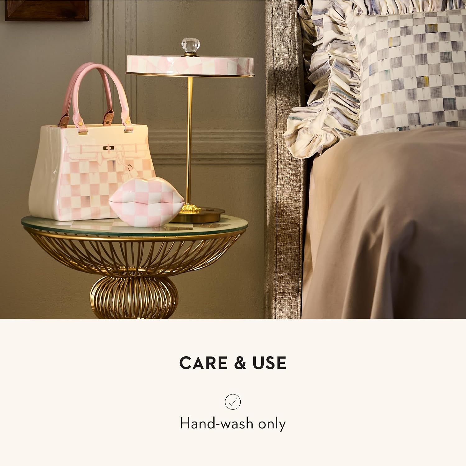 MACKENZIE-CHILDS Ceramic Handbag Vase, Unique Flower-Vase Decor, Pink-and-White Rosy Check Doodles