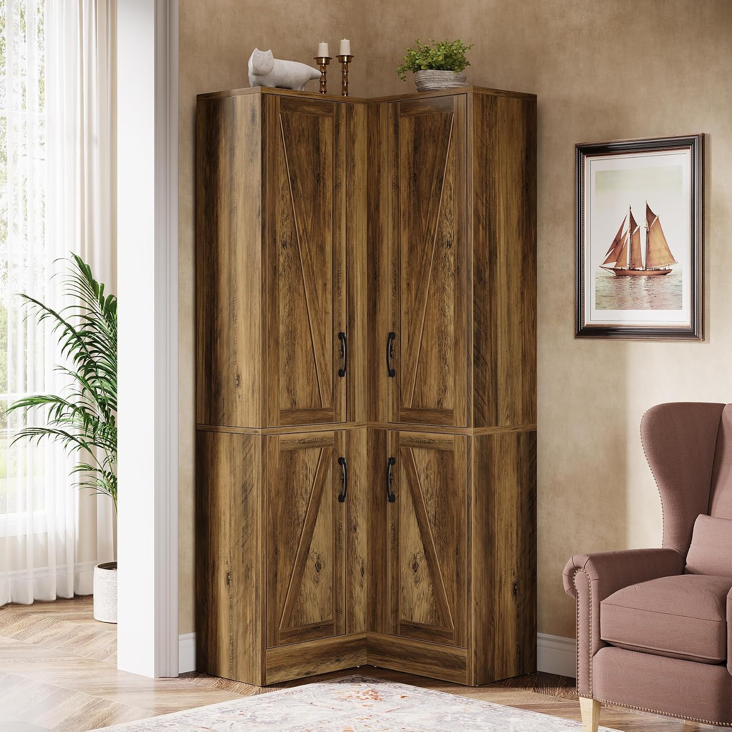 Tribesigns Corner Pantry Cabinet, 67' Tall Kitchen Pantry with Doors and 5-Tier Storage Shelves, Farmhouse Wooden Corner Bar Cabinet for Home, Living Room, Bar, Kitchen, Rustic Brown