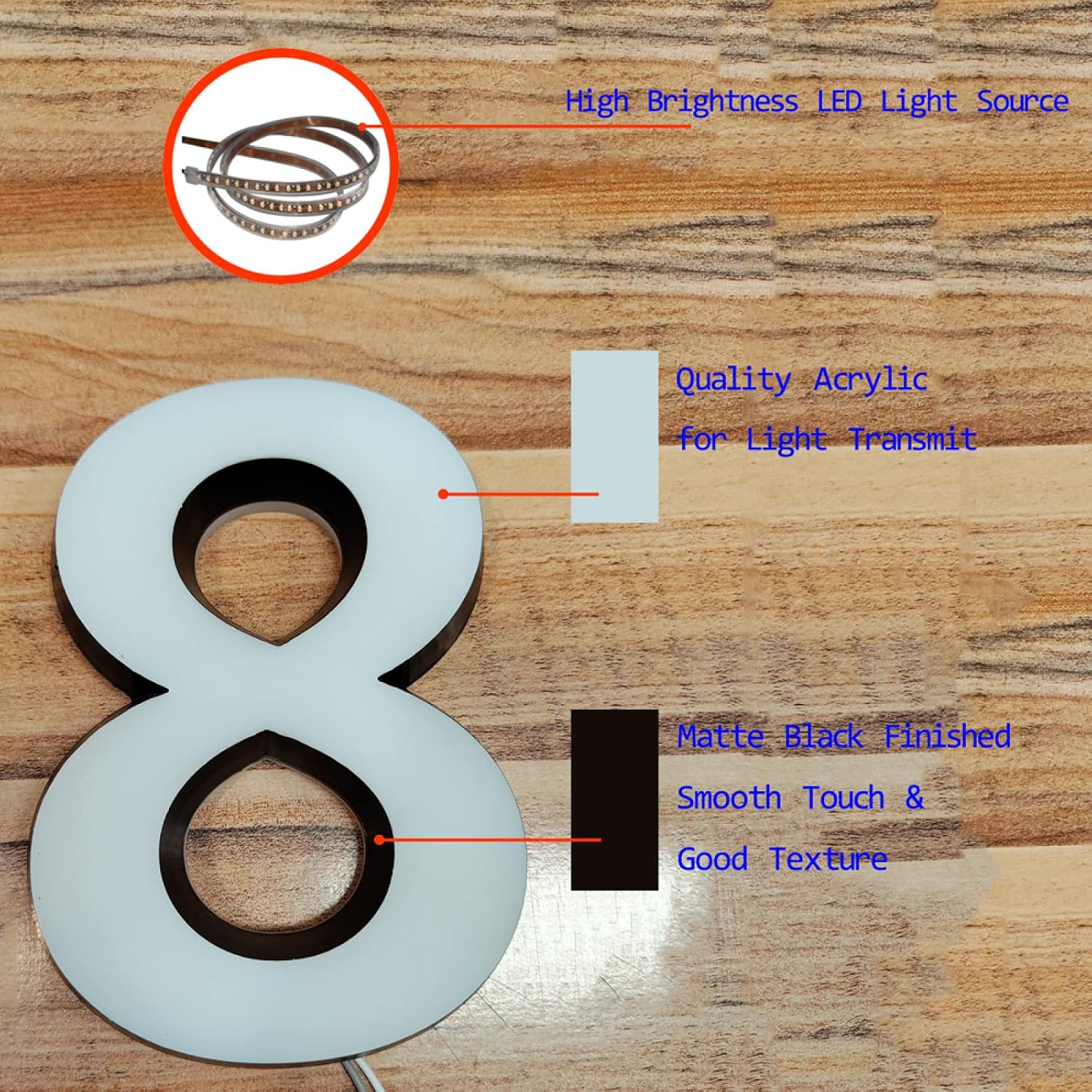 Modern 14' Backlit LED House Numbers, Black-White LED House Number, Light Up Acrylic Door Number Plaques For Wall, Illuminated Address Numbers,R