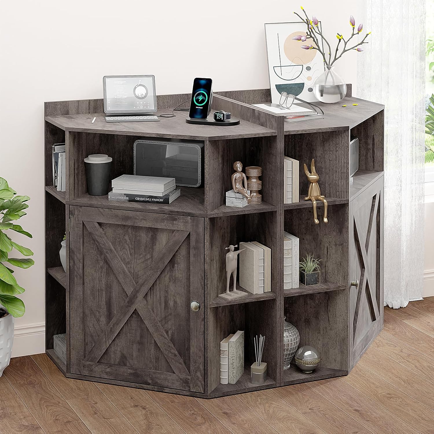 Vabches Corner Cabinet, Corner Storage Shelf with USB Ports and Outlets Industrial Organizer for Small Space Wooden 6-Cubby Bookshelf for Study, Playroom, Living Room (Rustic Grey)