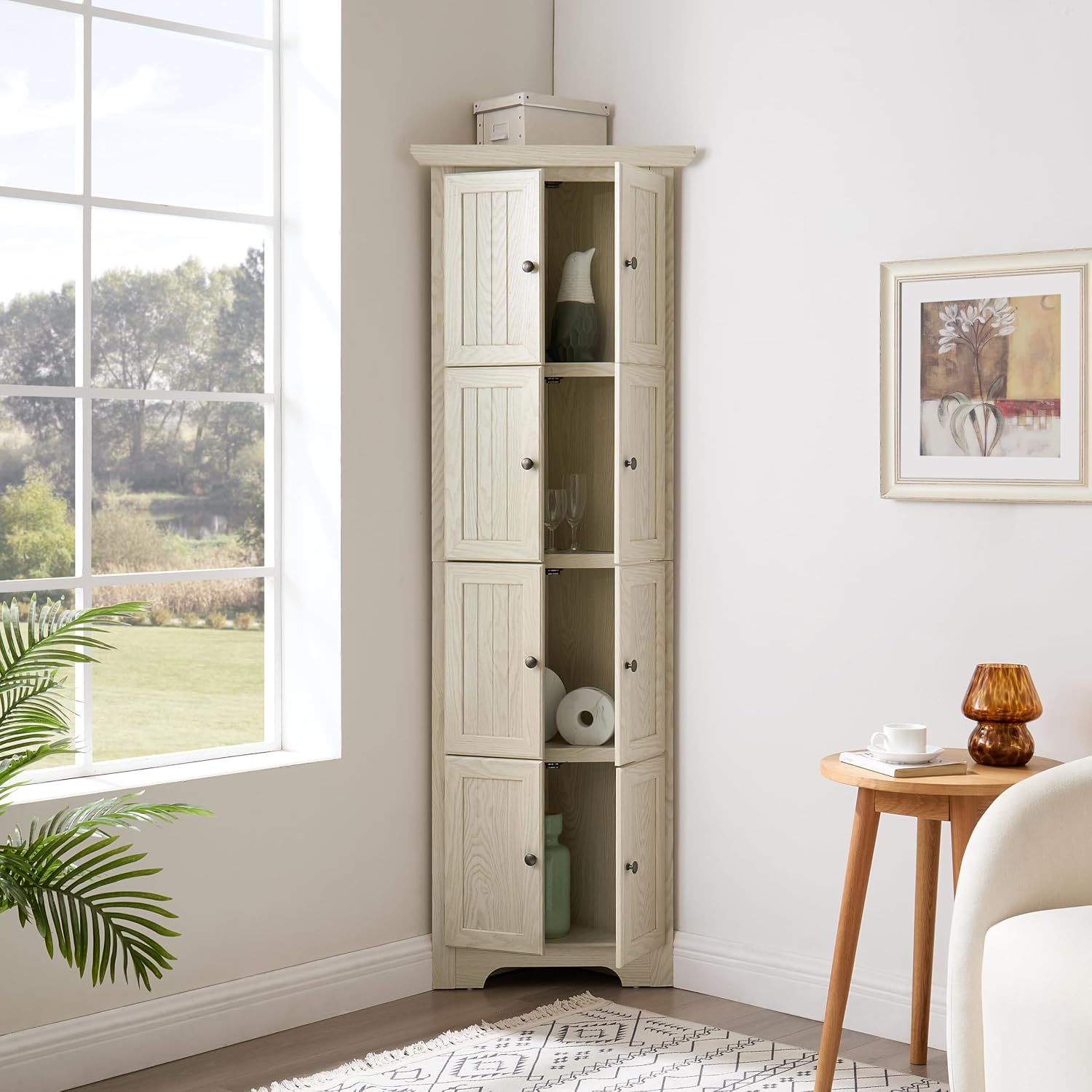 72' Corner Design Freestanding Storage Cabinet, Kitchen Storage Bakers Rack with Sleek Metal Handles, Utility Food Cupboard with 4-Tier Shelves for Kitchen, Bathroom, Living Room, White