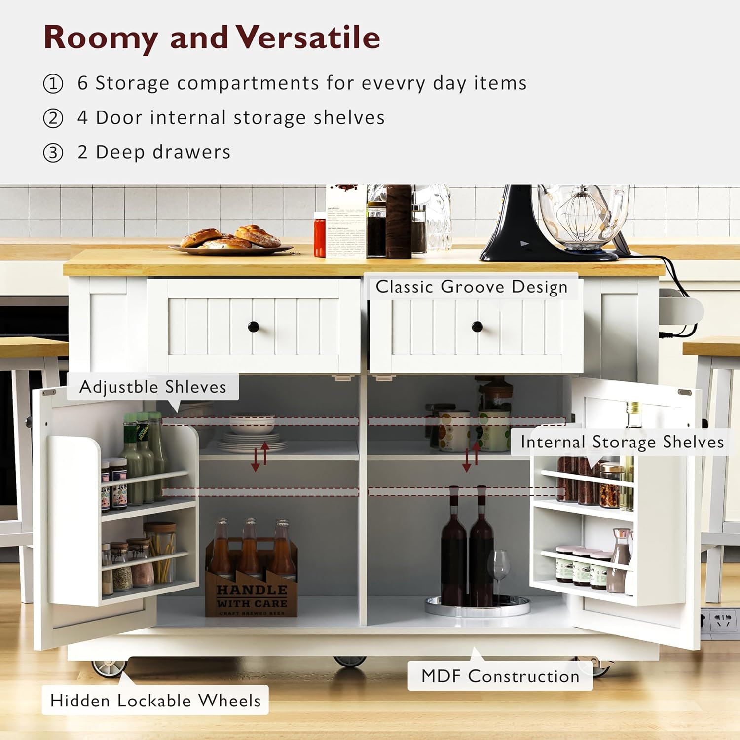 48 Inch Rolling Kitchen Island Storage Cart on 5 Wheels with Drop Leaf, Power Outlet, Door Internal Storage Rack, 5 Open Side Racks, 2 Drawers for Dining Room, Home Bar, White