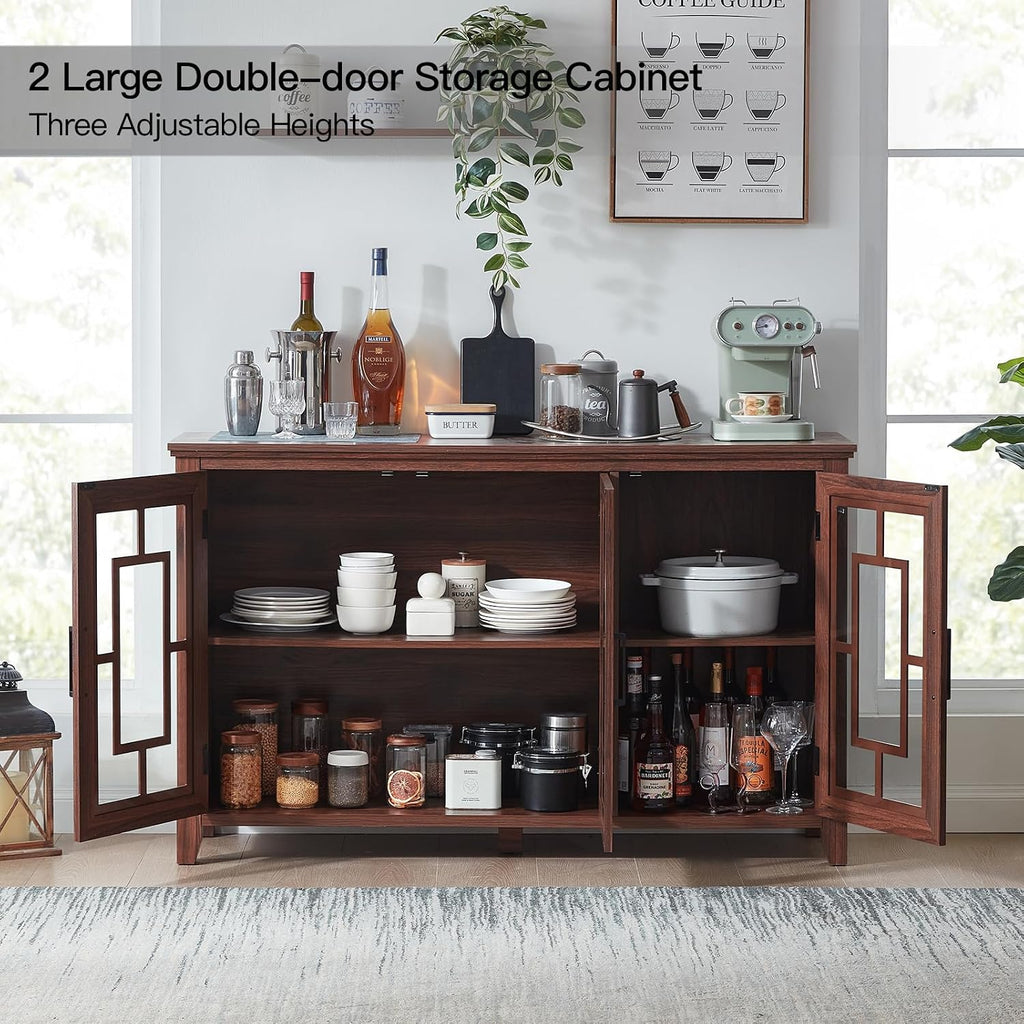 Joaxswe Large Sideboard Buffet Cabinet with Storage, 55' Farmhouse Kitchen Coffee Wine Bar Cabinet with 3 Glass Doors, Wood Mid Century Modern Side Board Table for Dining Room, Living Room,Brown